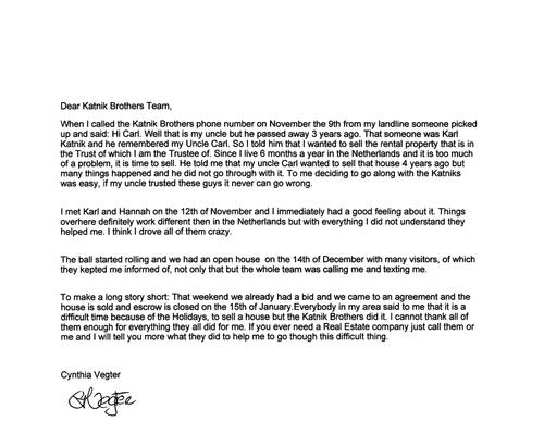 Cynthia Vegter Letter