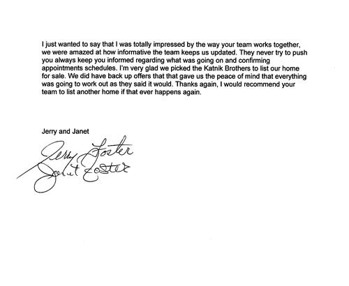 Jerry & Janet Foster Letter